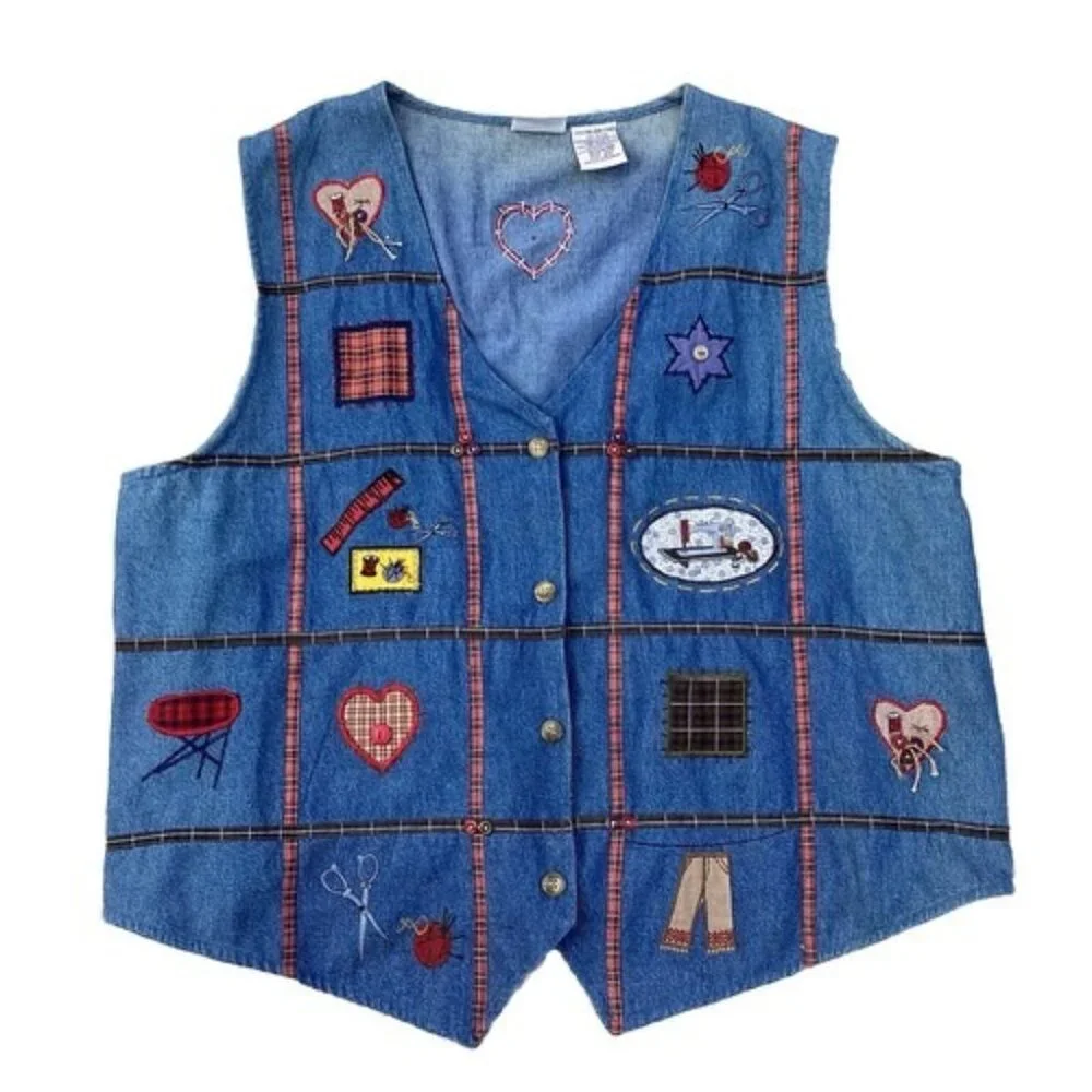 Vintage Bobbie Brooks Denim Vest size XL 16/18 School Unique Folk Art Craftcore - Picture 1 of 9